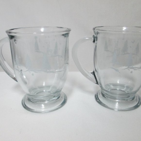 Anchor Hocking  Clear Glass Pedestal Mugs Set 2 reindeer trees Christmas Holiday - Picture 5 of 10